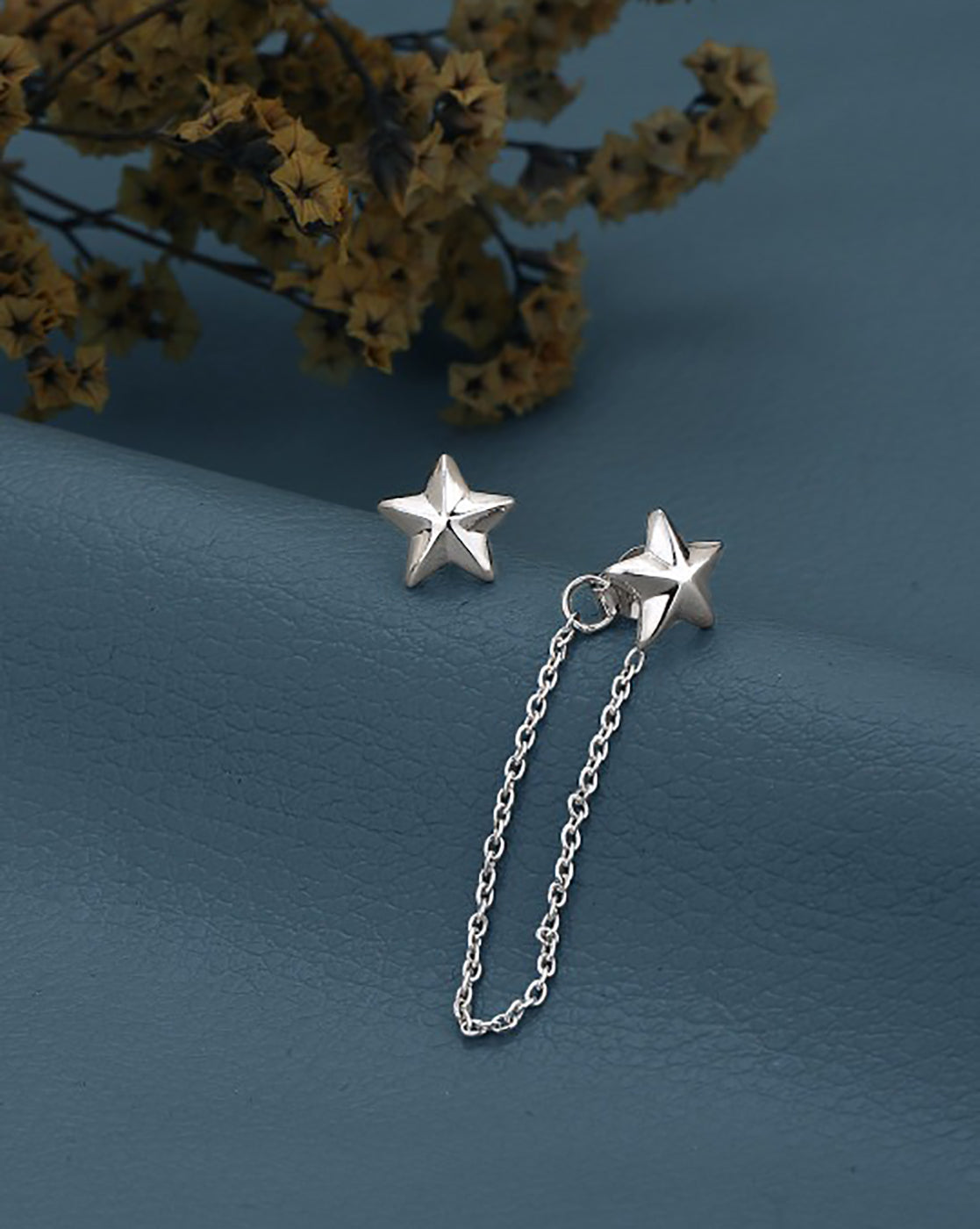 925 Sterling Silver Rhodium Plated Star Stud with Chain Mismatch Earring