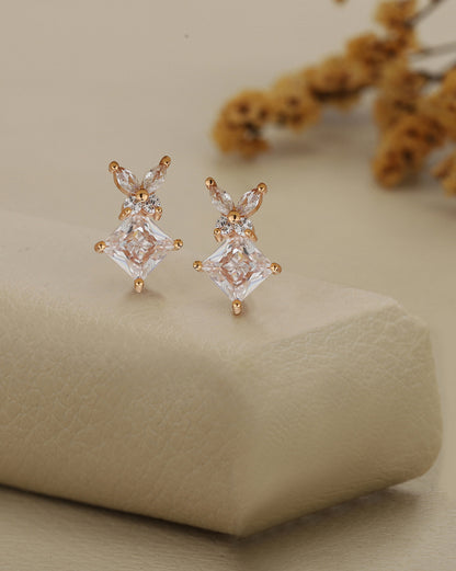 Rose Gold Plated Pear &amp; Princess Crystal Solitaire Studs