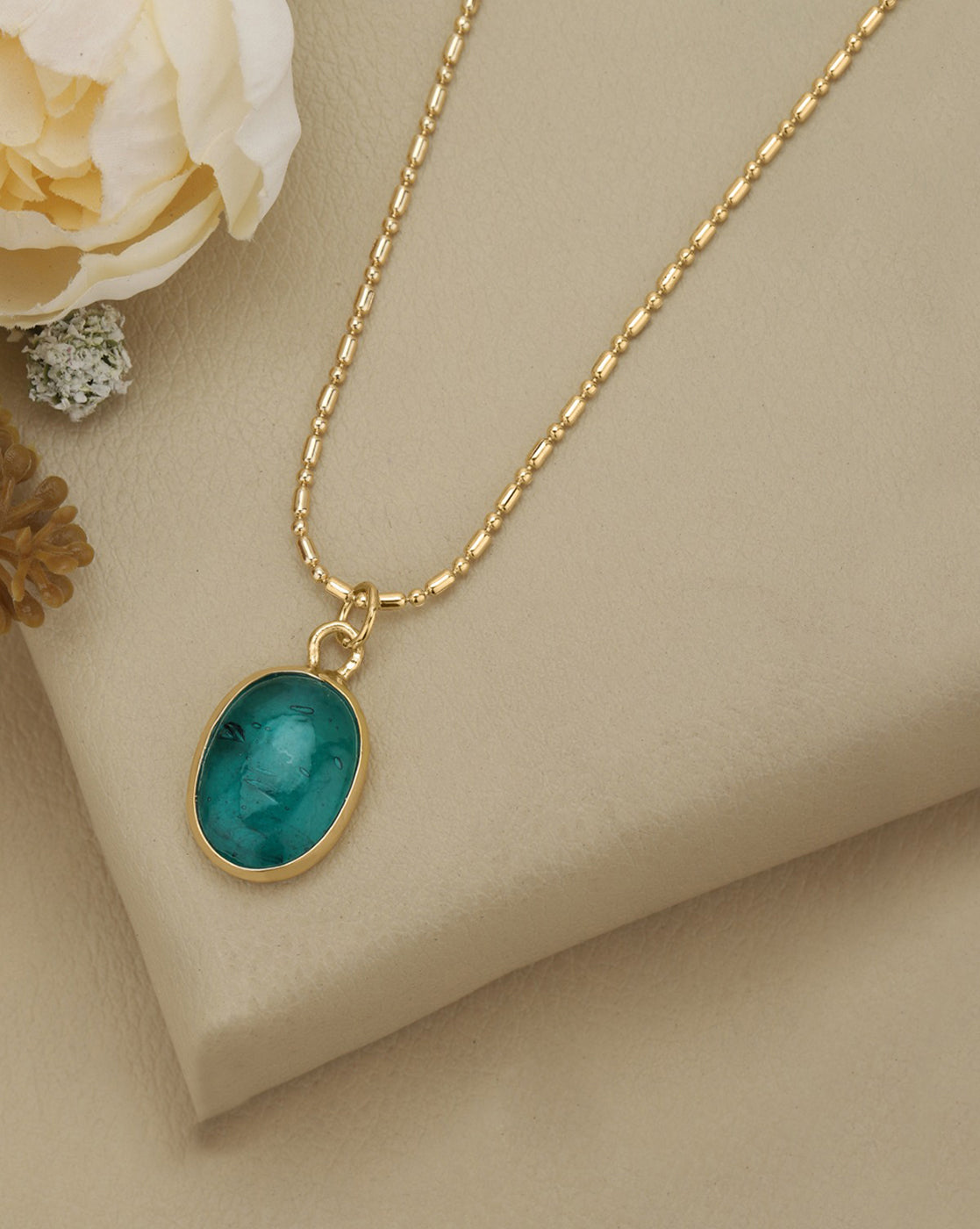 Gold Plated Classic Turquoise Blue Stone Oval Pendant with Fancy Chain