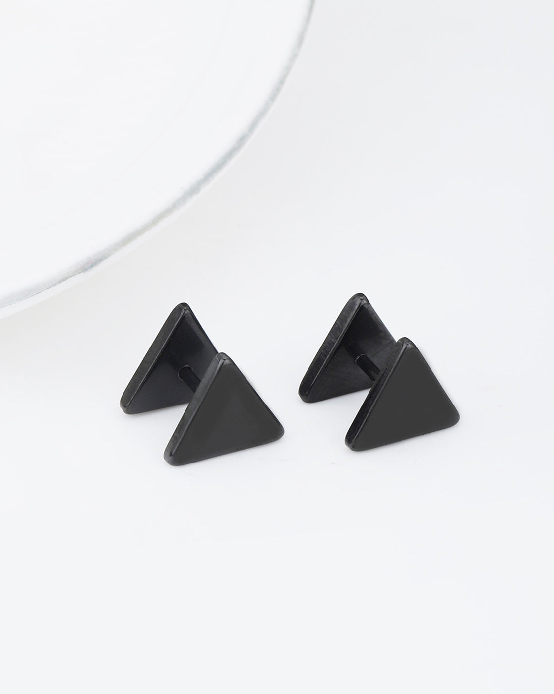 Men Black Toned Triangular Enamel Stud Earring