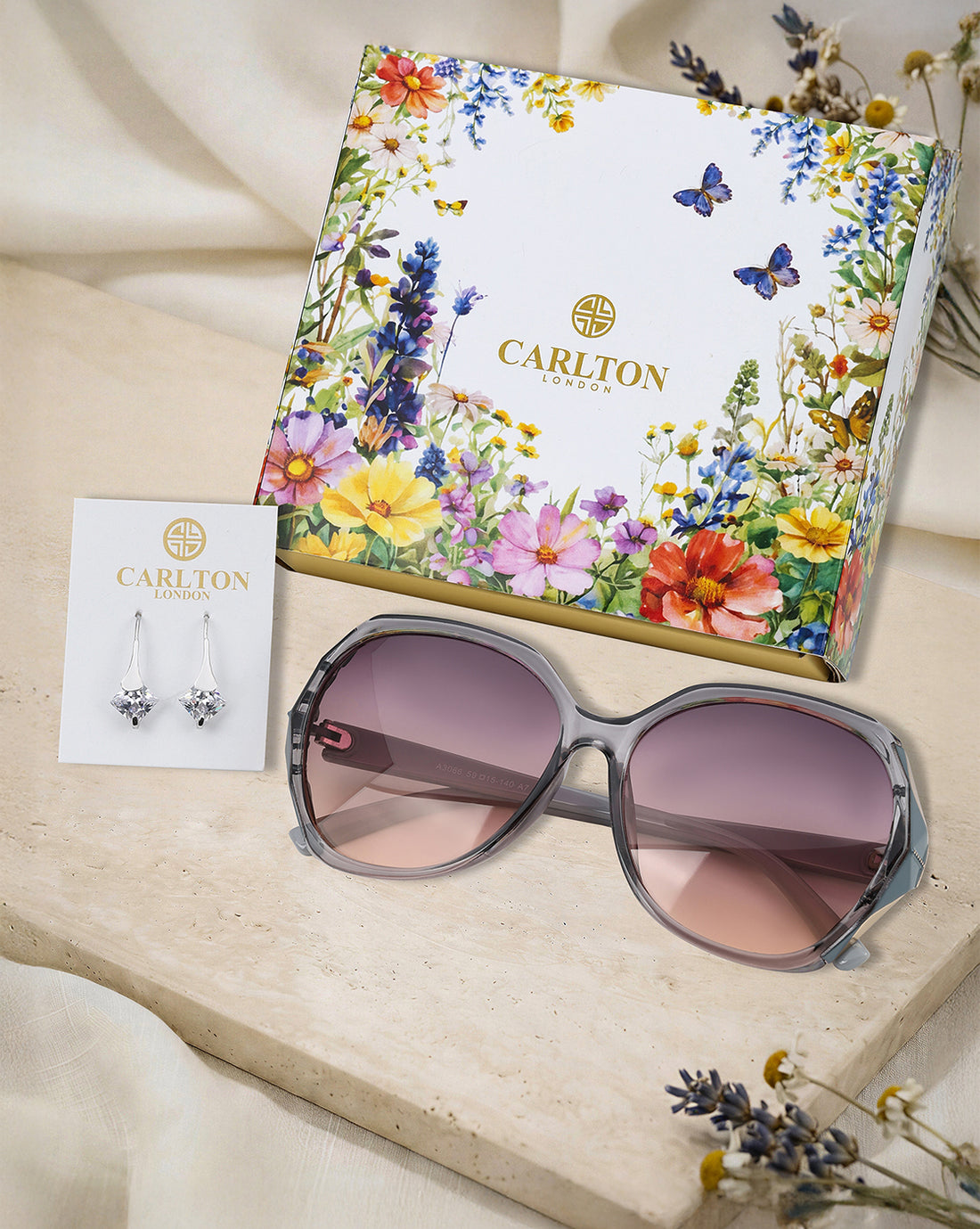 Women Grey Toned UV Protected Sunglasses & Rhodium Plated Solitaire Drop Earring Set