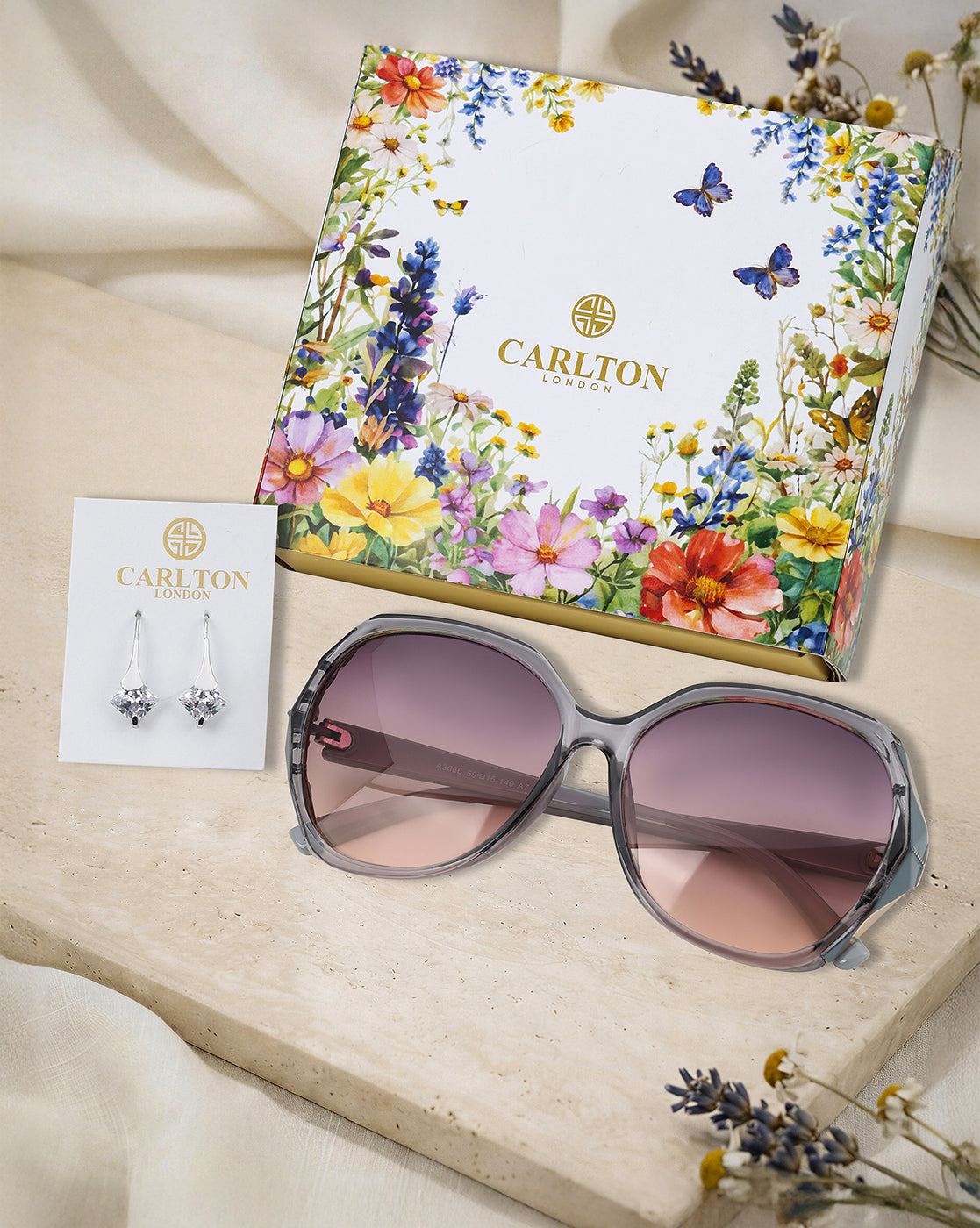 Women Grey Toned UV Protected Sunglasses &amp; Rhodium Plated Solitaire Drop Earring Set