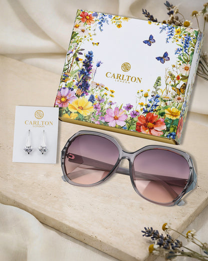 Women Grey Toned UV Protected Sunglasses &amp; Rhodium Plated Solitaire Drop Earring Set