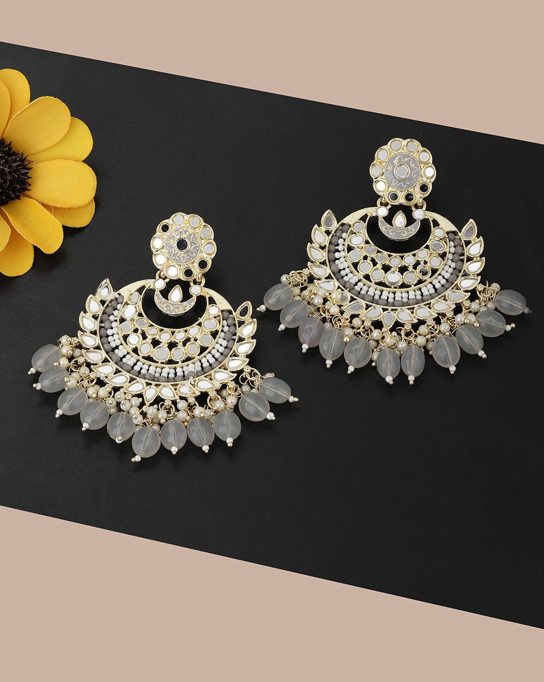 Gold Plated Kundan Layered Chandbali Earrings with Teardrop Bead Drops