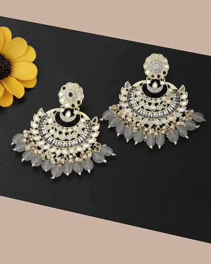 Gold Plated Kundan Layered Chandbali Earrings with Teardrop Bead Drops
