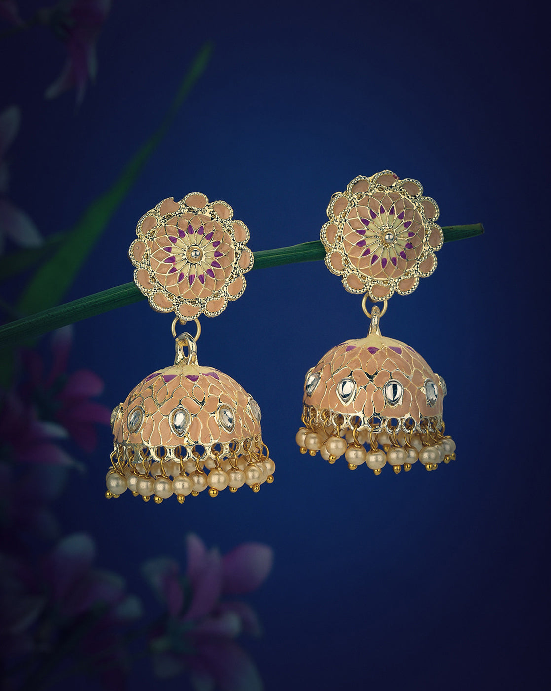 Gold Plated Kundan and Pearl Peach Enamel Dome Jhumka Earring