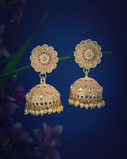 Gold Plated Kundan and Pearl Peach Enamel Dome Jhumka Earring