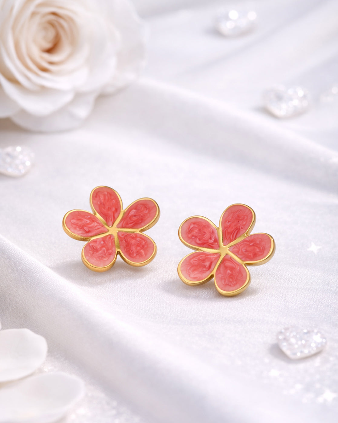 Gold Plated Swirl Enamel Blossom Flower Stud Earring