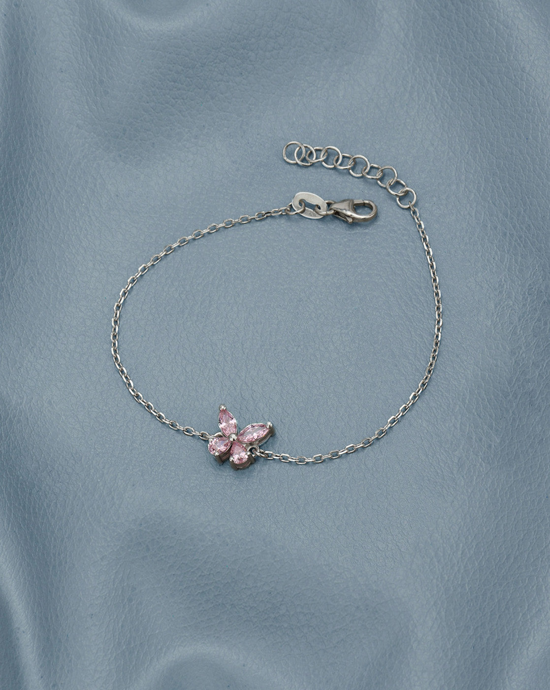 Rhodium-Plated Dainty Pink CZ Butterfly Charm Adjustable Bracelet
