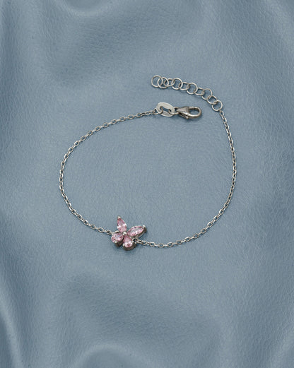 Rhodium-Plated Dainty Pink CZ Butterfly Charm Adjustable Bracelet
