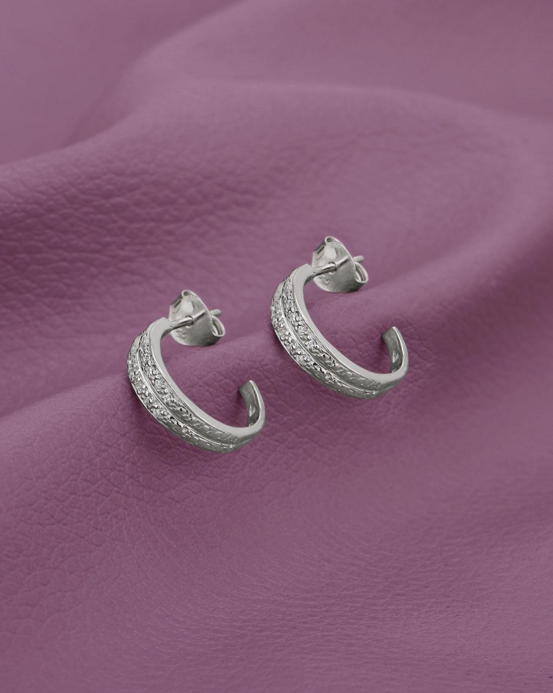925 Sterling Silver Rhodium Plated CZ Textured Mini Half Hoop Earring