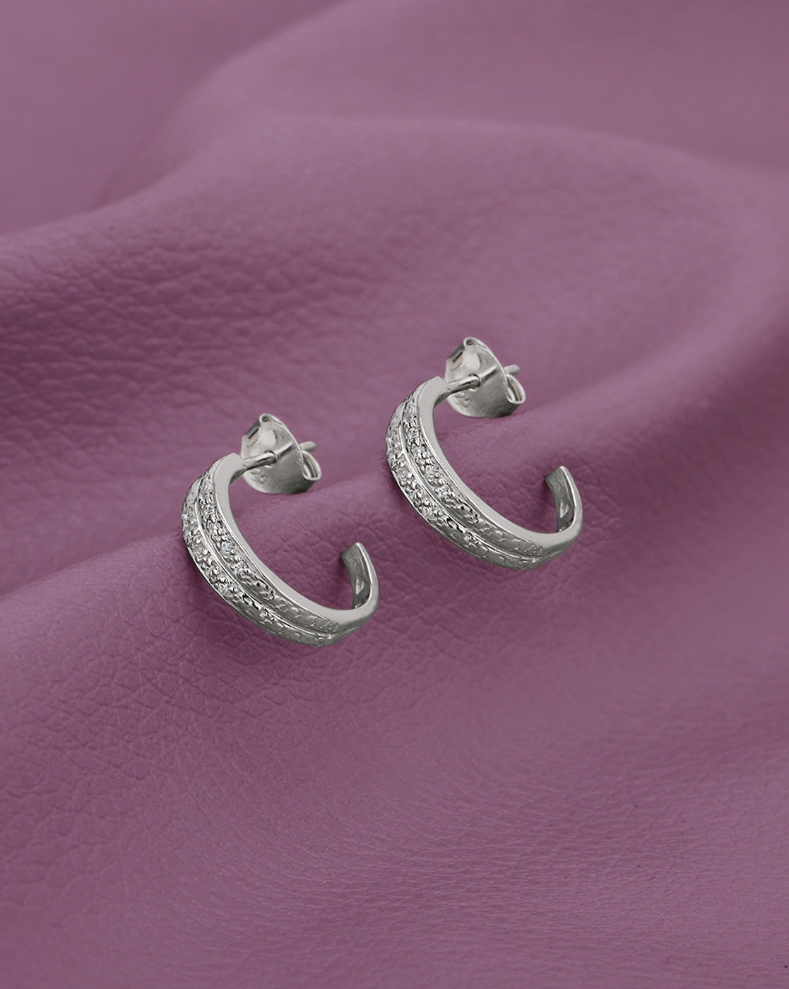 925 Sterling Silver Rhodium Plated CZ Textured Mini Half Hoop Earring
