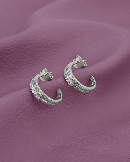 925 Sterling Silver Rhodium Plated CZ Textured Mini Half Hoop Earring