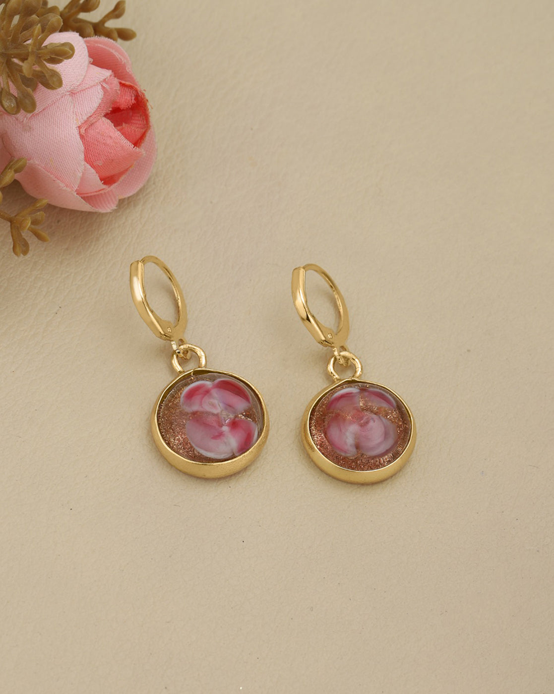 Gold Plated Artistic Dangling Pink Enamel Floral Hoop Earring