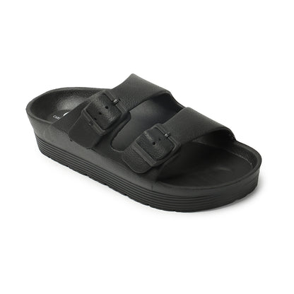 Women Solid Double Buckle Platform Slides