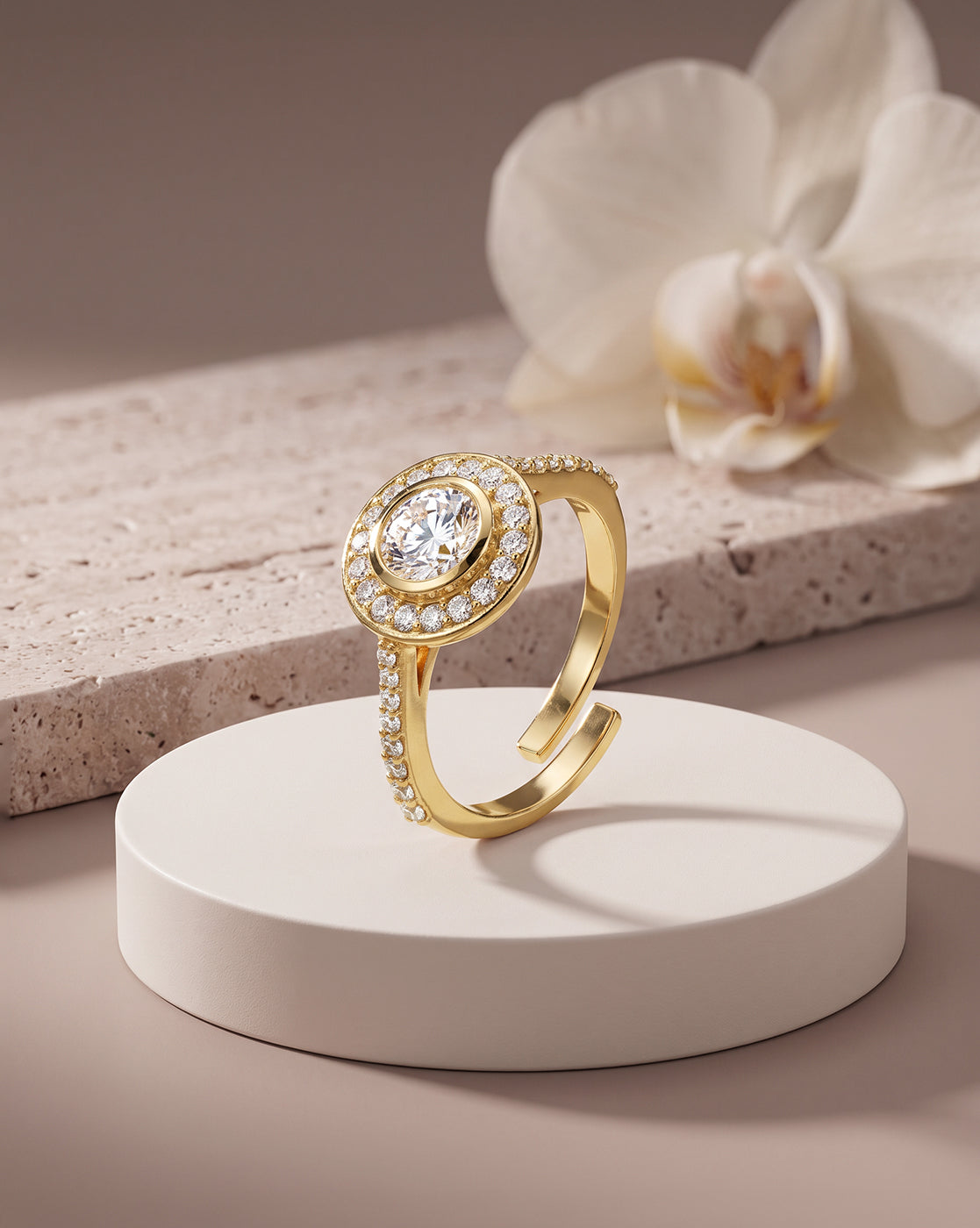 18Kt Gold-Plated CZ Halo Solitaire Adjustable Ring