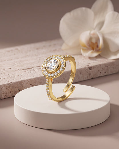 18Kt Gold-Plated CZ Halo Solitaire Adjustable Ring