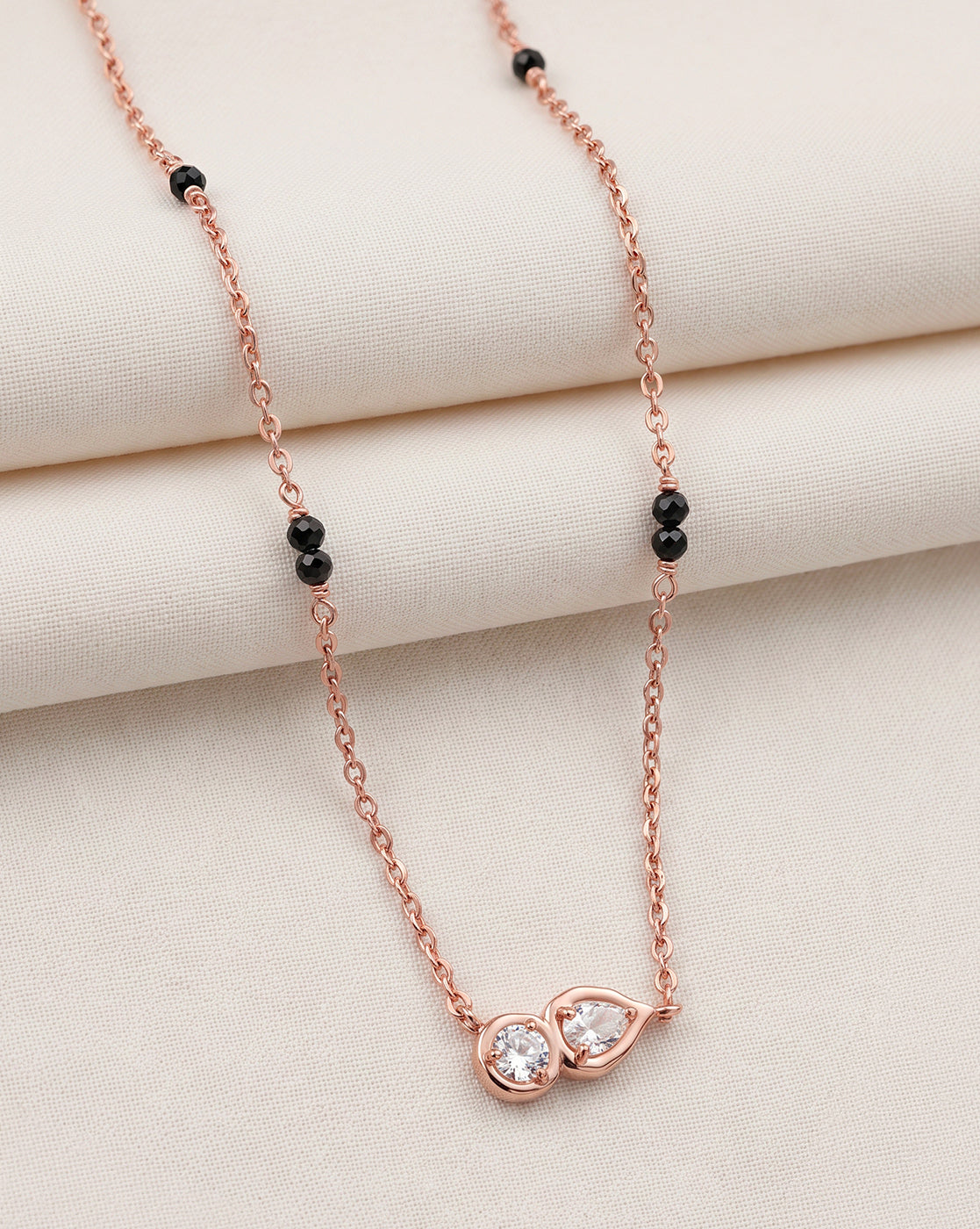 925 Sterling Silver 18kt Rose Gold Plated Natural Black bead and Solitaire Toi-Moi Mangalsutra