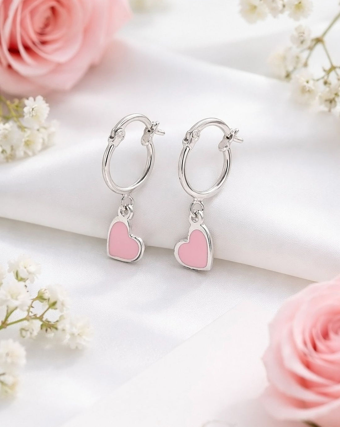 925 Sterling Silver Rhodium Plated Dangling Heart Enamel Hoop Earring