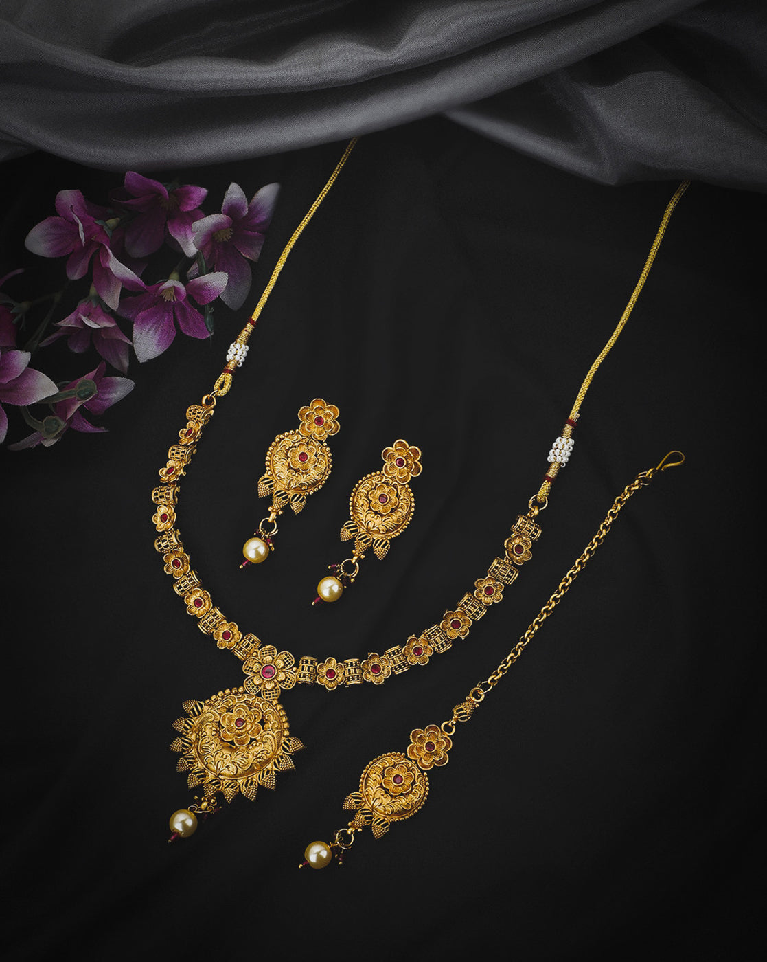 Gold Plated Traditional Ruby Red Floral Necklace and Earring with Maang Tika Set