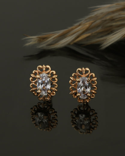 925 Sterling Silver 18kt Rose Gold Plated Solitaire Floral Oval Stud Earring
