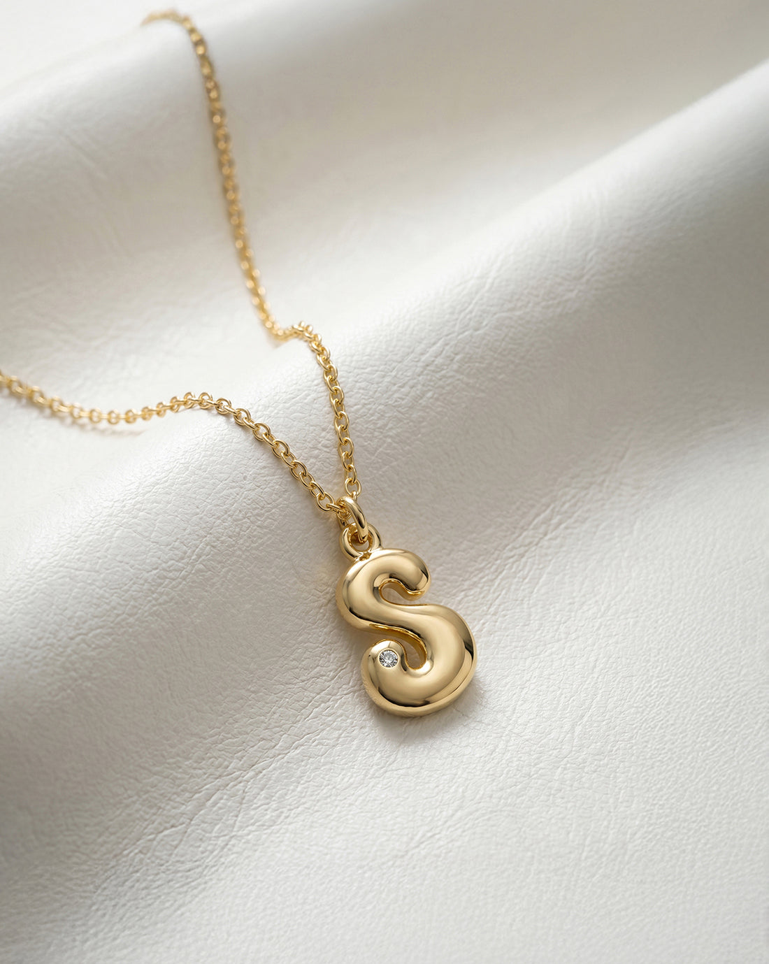 18kt Gold Plated CZ Bubble Letter S Pendant and Chain