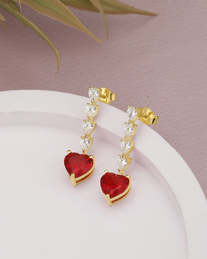 18KT Gold-Plated Modern Ruby Red CZ Heart &amp; Solitaire Drop Earrings