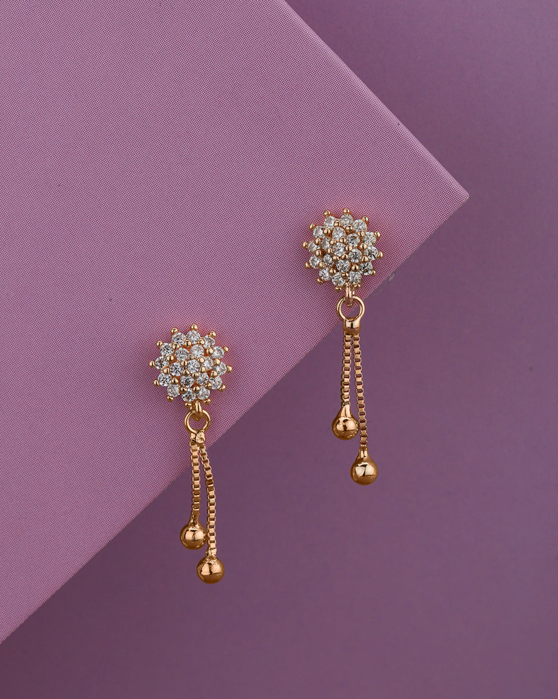 Rose Gold Plated Elegant CZ Cluster Floral Dangle Earrings