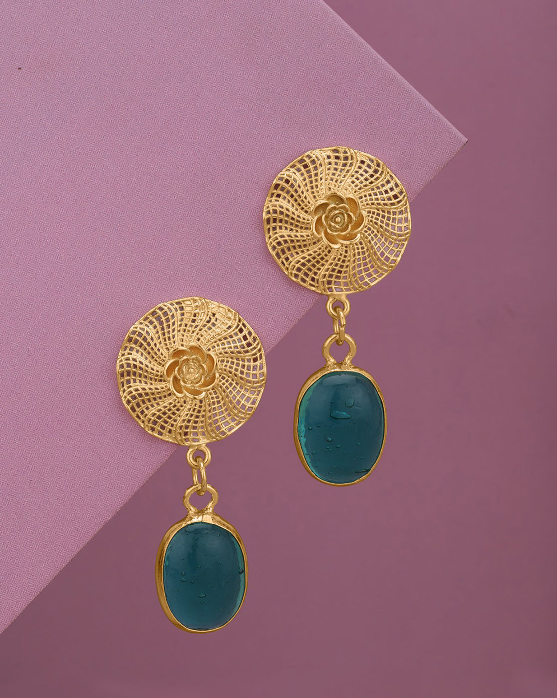 Gold Plated Filigree Dangling Green Crystal Drop Earring