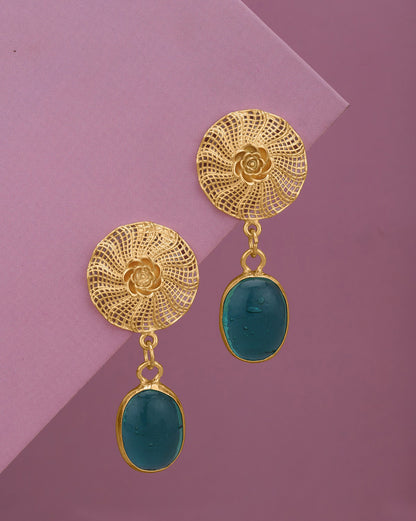 Gold Plated Filigree Dangling Green Crystal Drop Earring