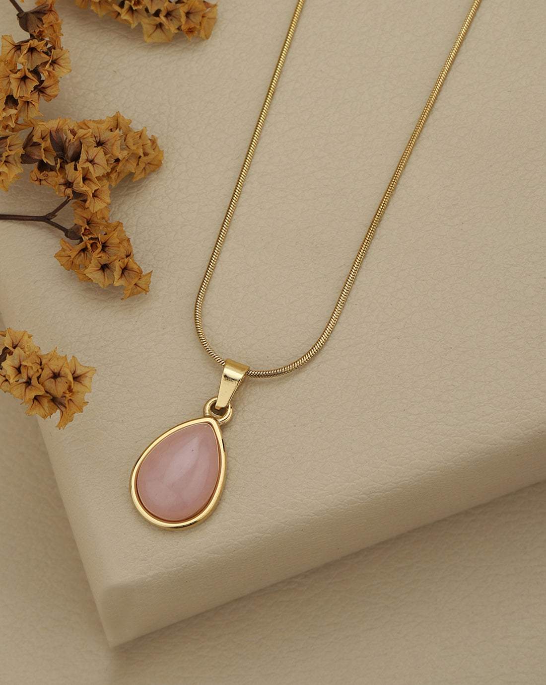 Gold Plated Classic Blush Pink Opal-Look Tear Drop Pendant and Stainless Steel Chain