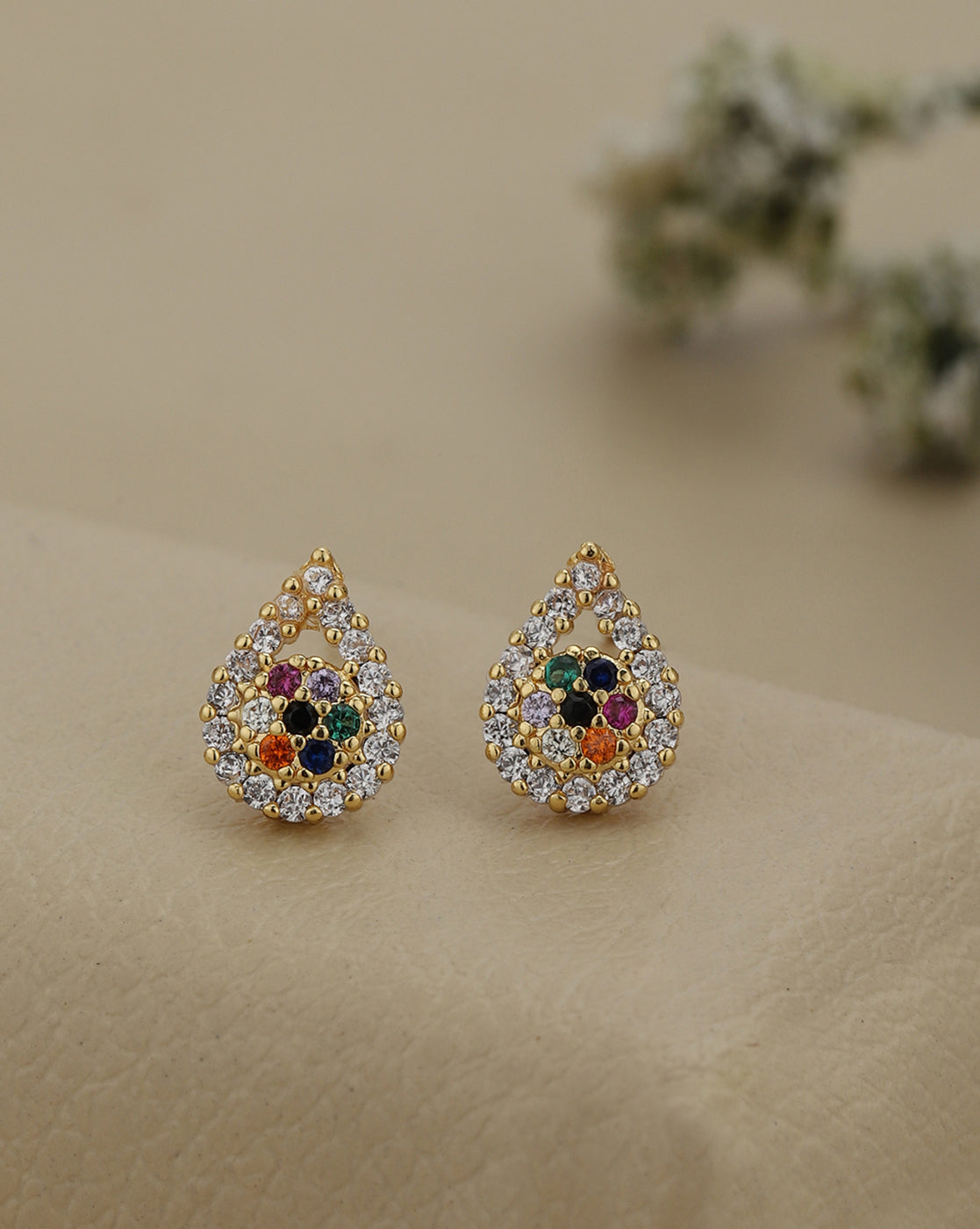 Gold Plated Elegant Multi Colour CZ Studded Tear Drop Petite Stud Earring
