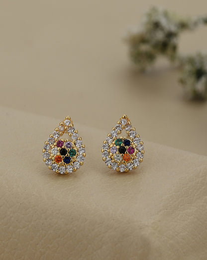 Gold Plated Elegant Multi Colour CZ Studded Tear Drop Petite Stud Earring