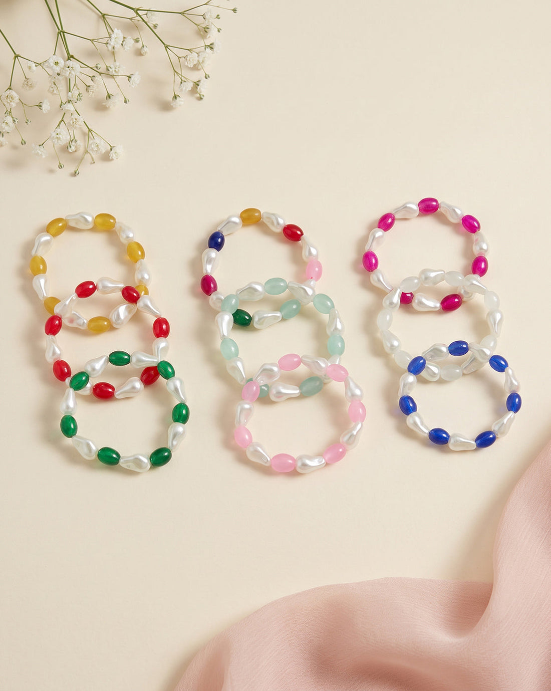 Set of 9 Multi Coloured Bead & Pearl Stretchable Bracelet for Girl