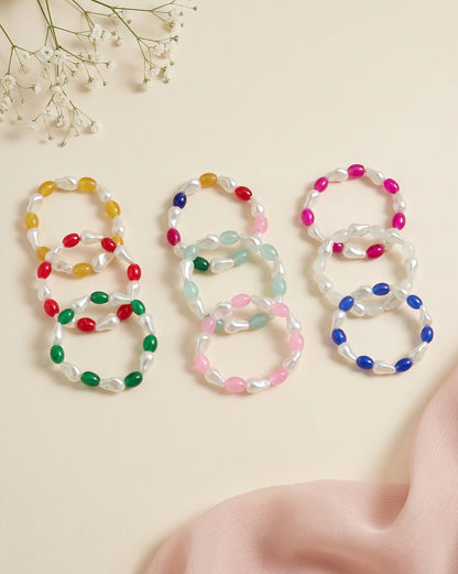 Set of 9 Multi Coloured Bead &amp; Pearl Stretchable Bracelet for Girl