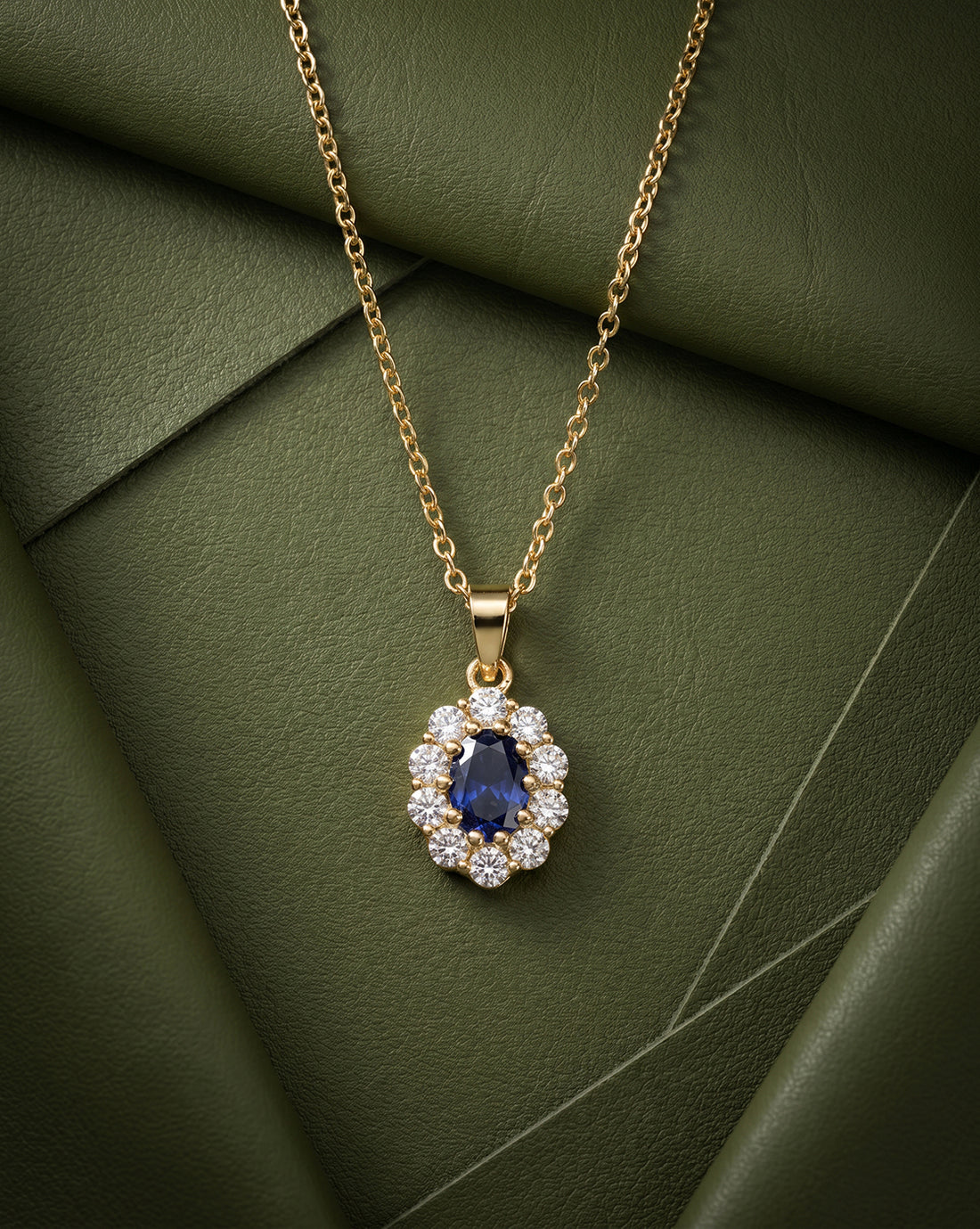 Premium 18kt Gold Plated Blue Sapphire CZ Halo Pendant with Chain