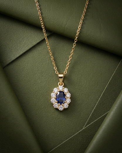 Premium 18kt Gold Plated Blue Sapphire CZ Halo Pendant with Chain