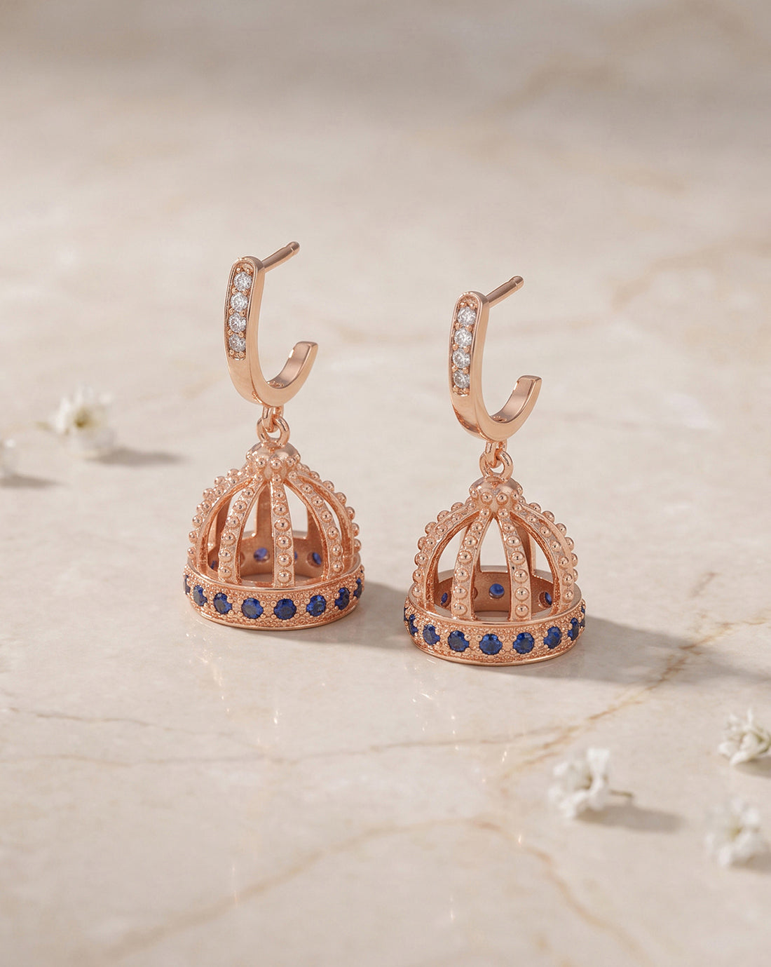 Premium 18kt Rose Gold Plated Delicate CZ & Sapphire Blue Studded J-Hoop Jhumki Earring
