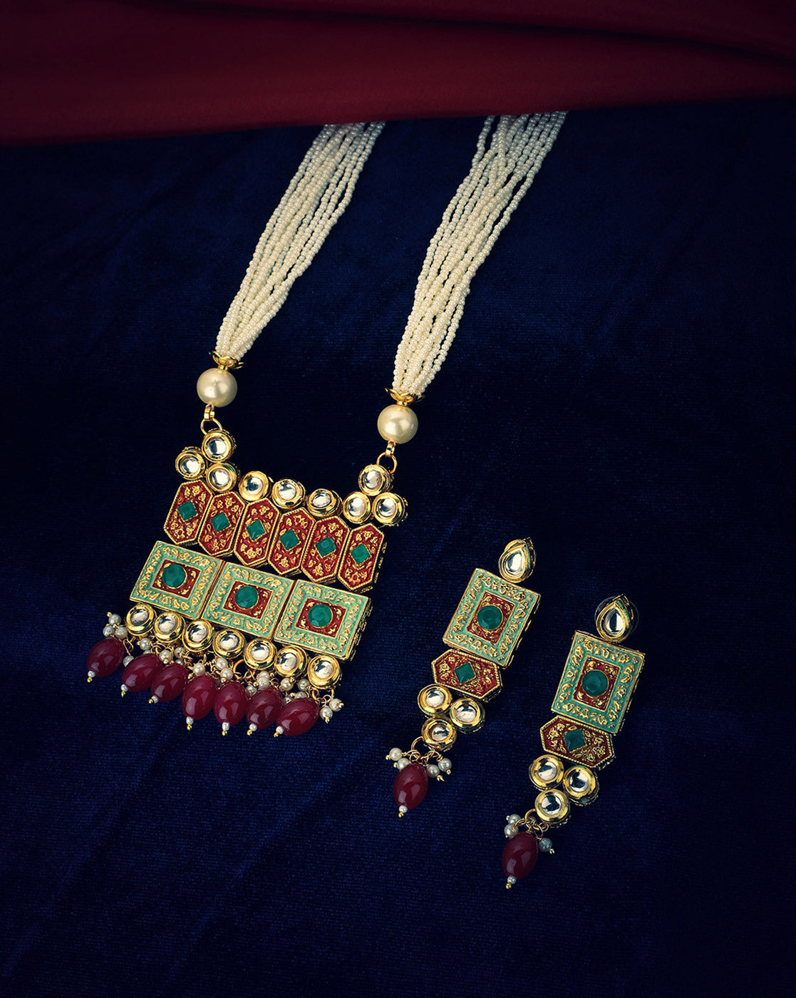 Gold Plated Kundan and Ethnic Pearl Multi-Strand Necklace and Earring Set
