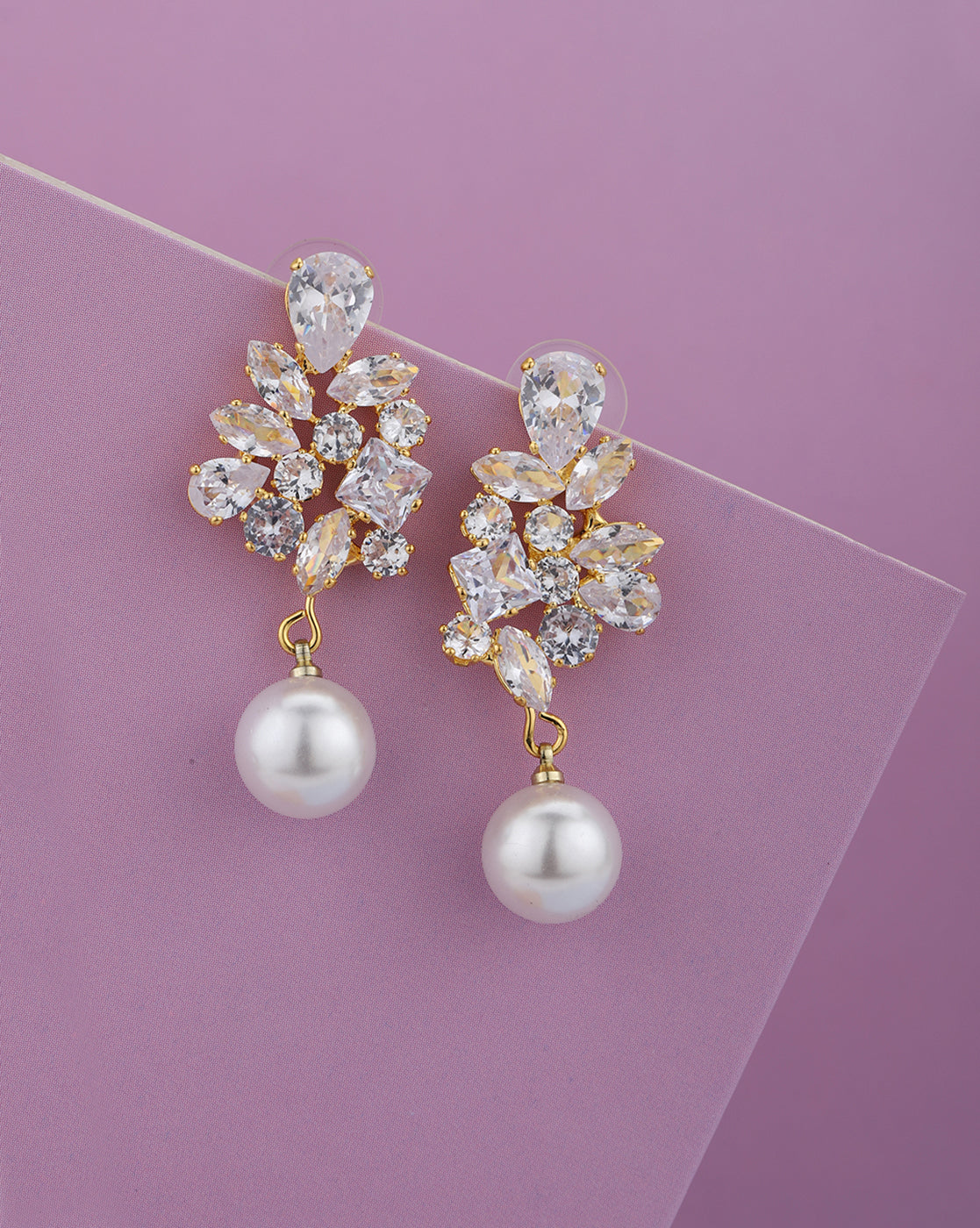 Premium Gold Plated CZ Dangling Pearl Drop Earring