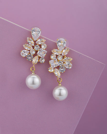 Premium Gold Plated CZ Dangling Pearl Drop Earring