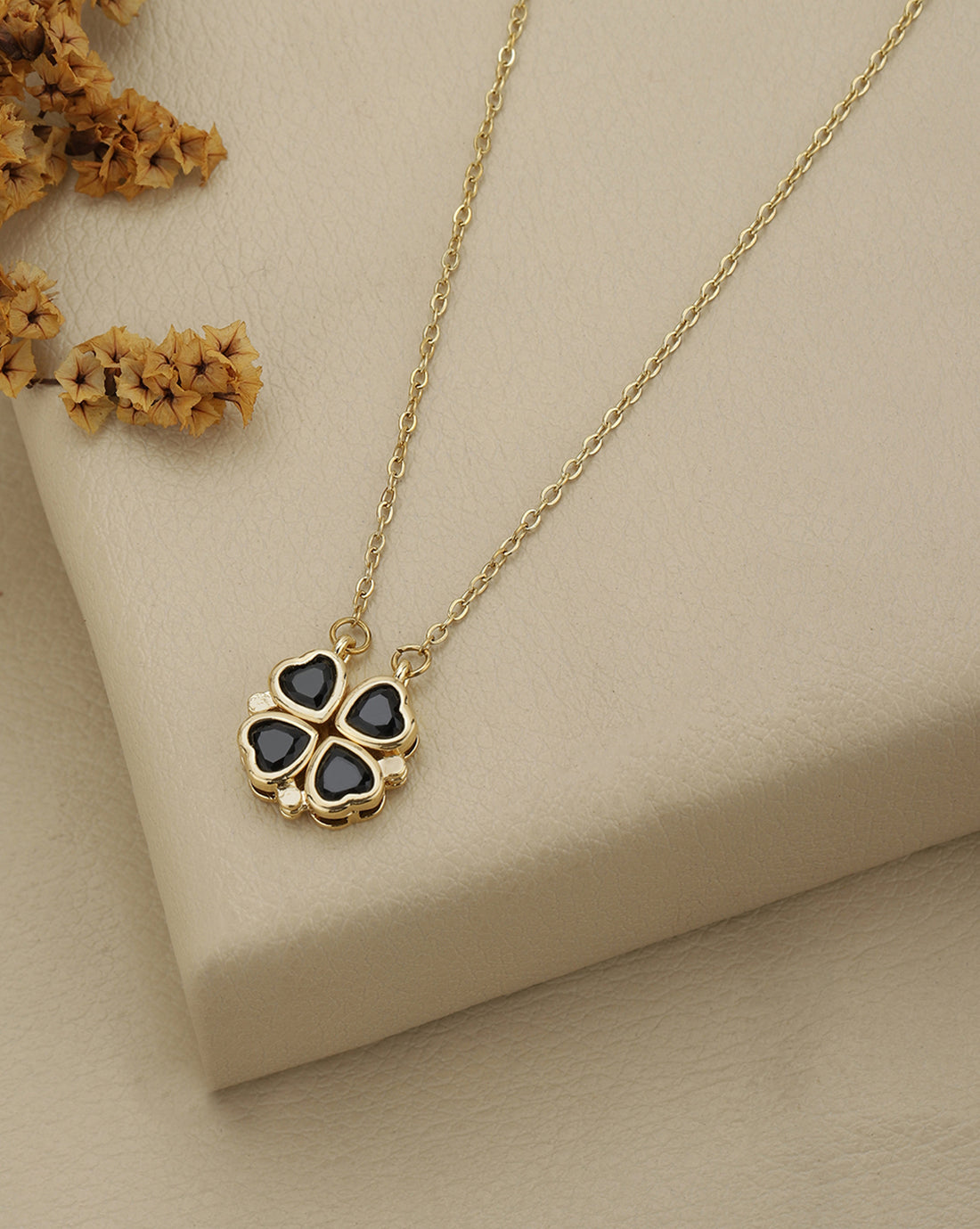 2 Way Wear Magnetic Heart Clover Black Stone Pendant Necklace