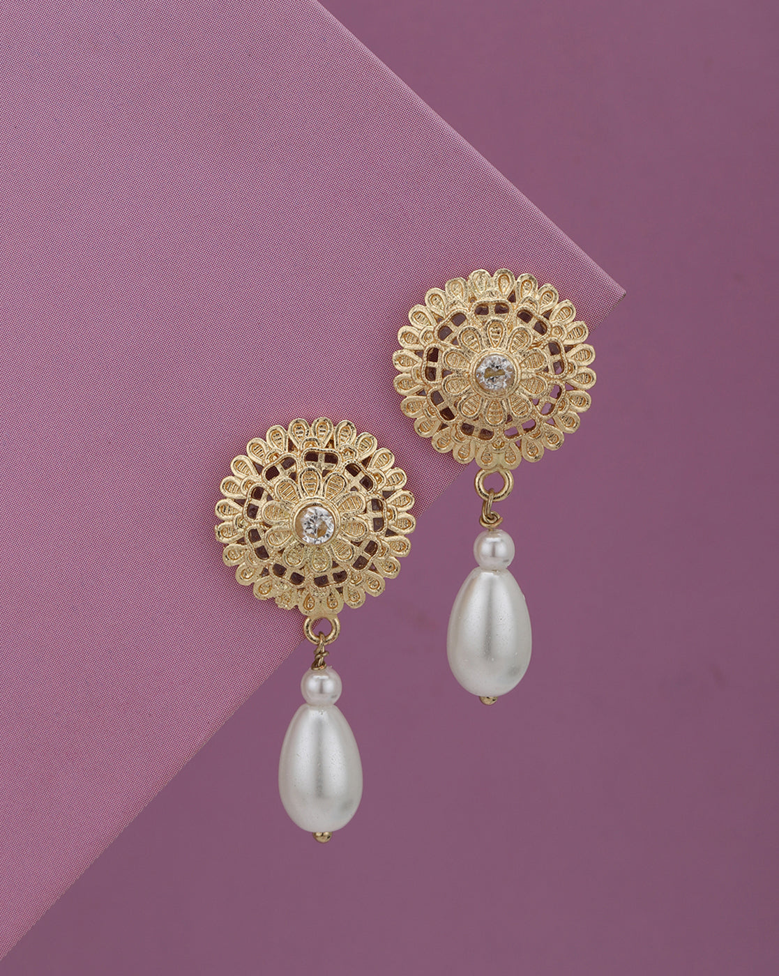 Gold Plated Intricate Floral Pearl Drop Earrings