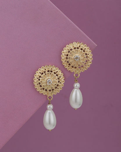Gold Plated Intricate Floral Pearl Drop Earrings