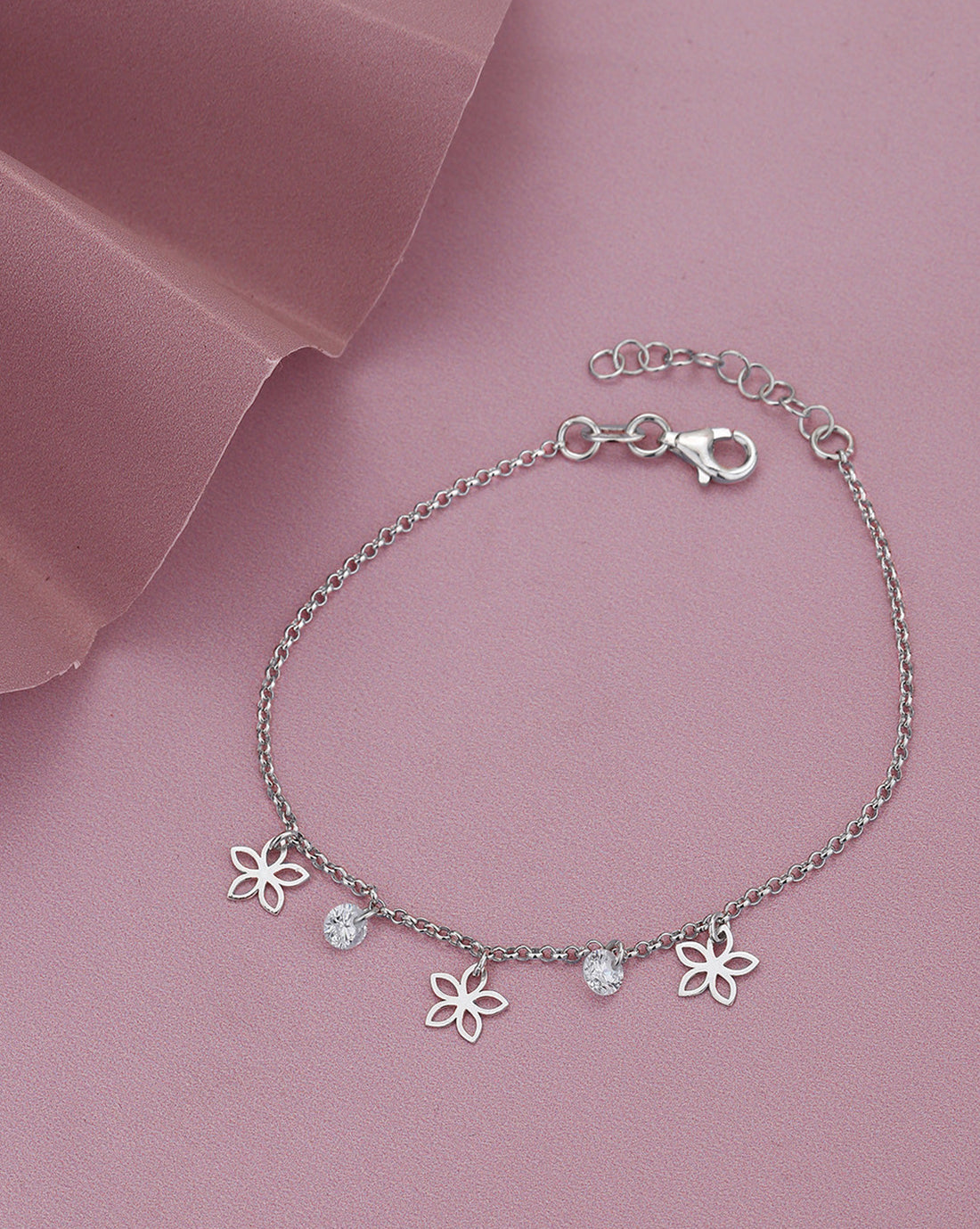 925 Sterling Silver Rhodium-Plated CZ Studded Floral Charm Bracelet
