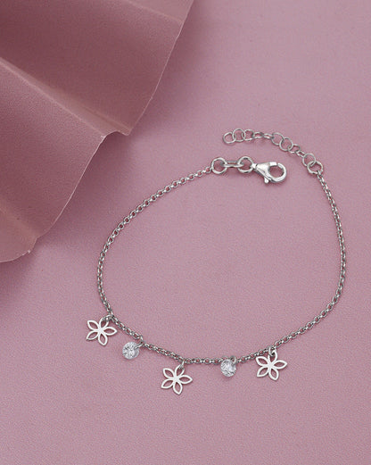 925 Sterling Silver Rhodium-Plated CZ Studded Floral Charm Bracelet