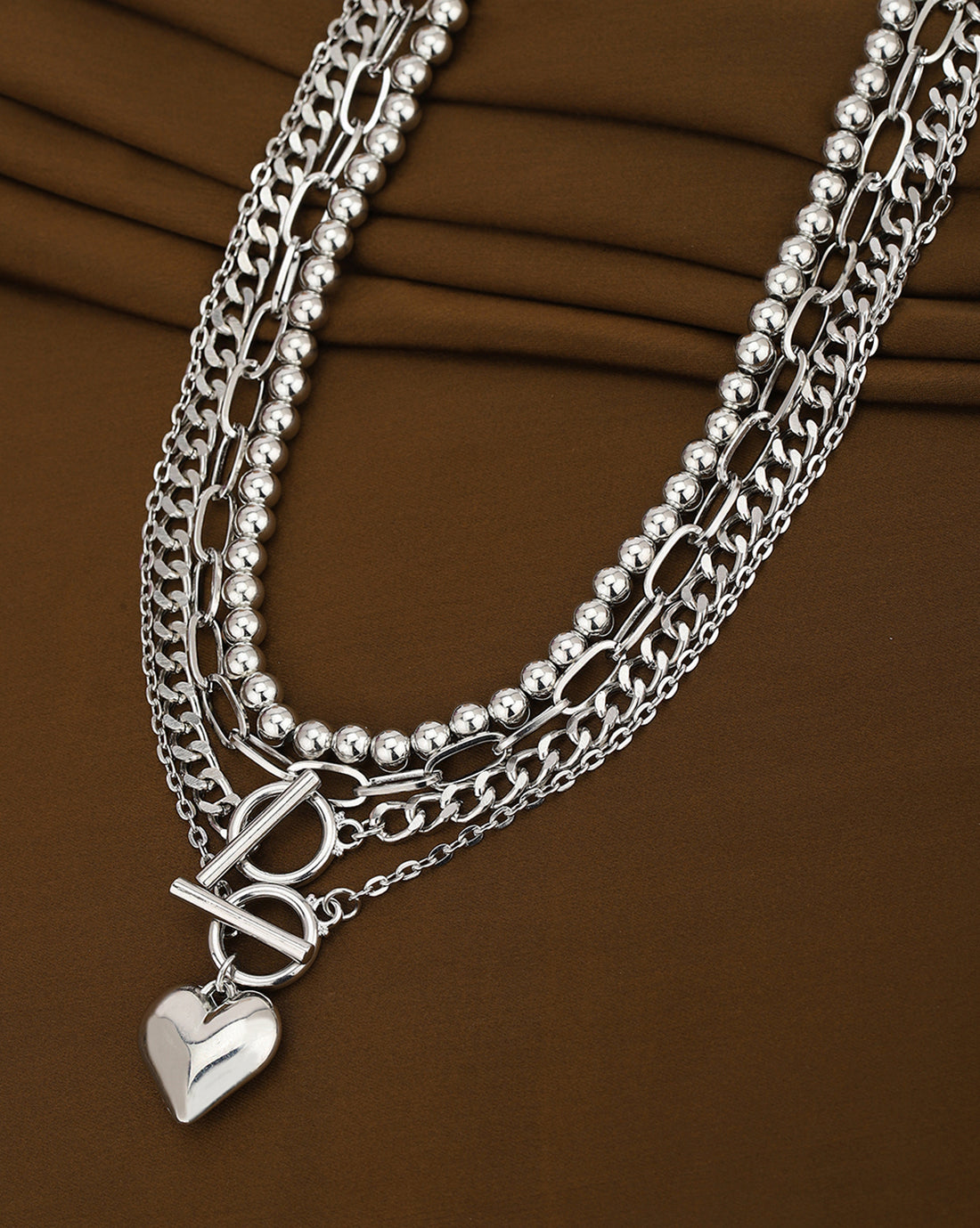Set of 4 Silver Plated Puffed Heart, Toggle with Fancy Chains Multilayered Necklace