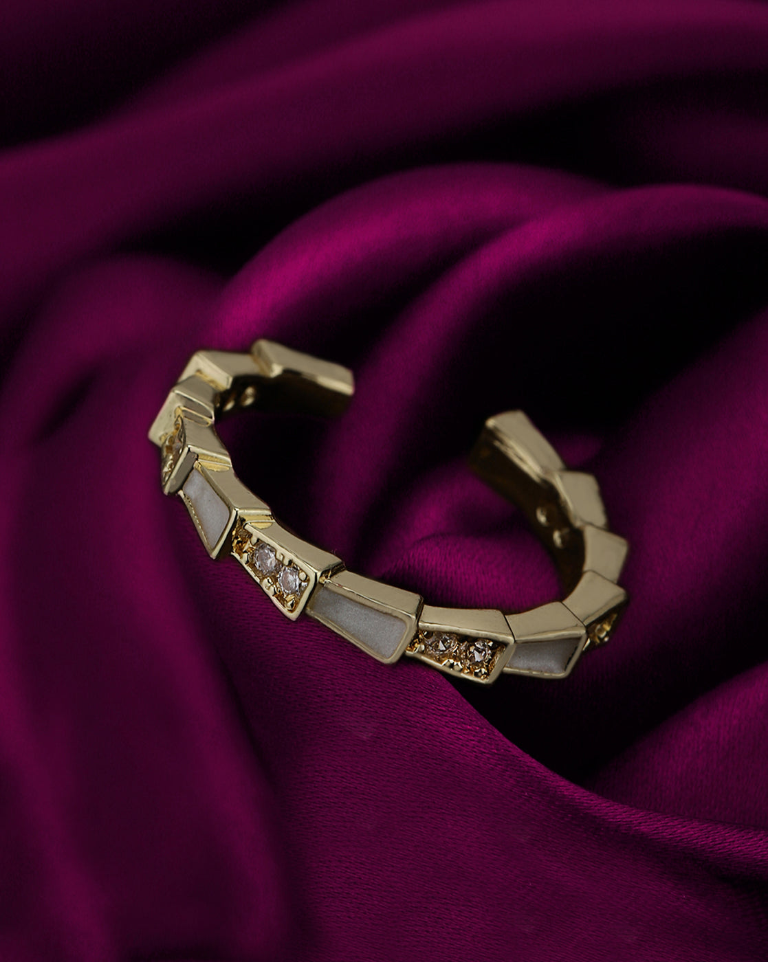 Gold Plated Designer CZ and Mother of Pearl Studded Band Adjustable Ring