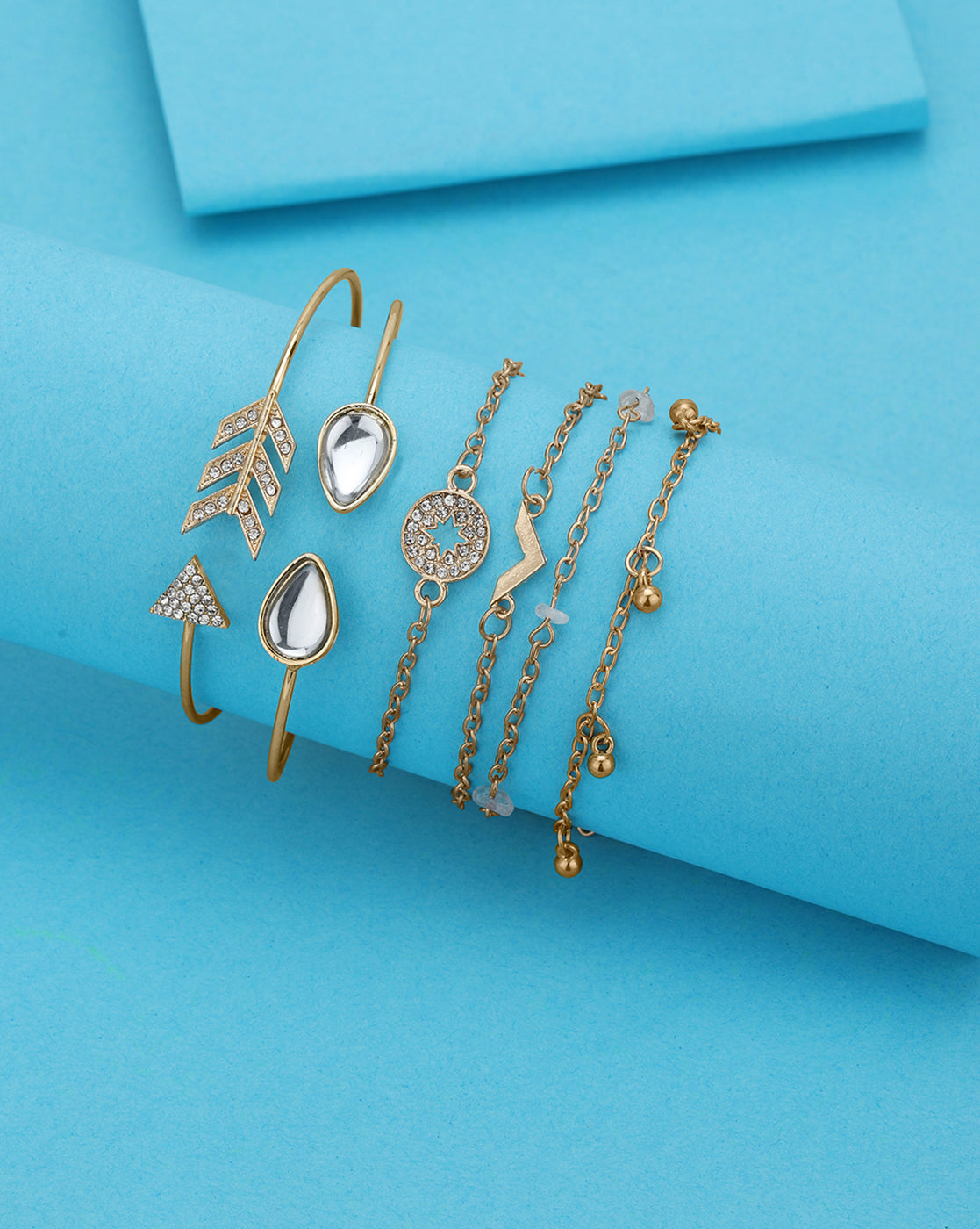 Set of 6 Rose Gold Plated CZ Studded Textured Trendy Adjustable &amp; Cuff Bracelet Multipack Set