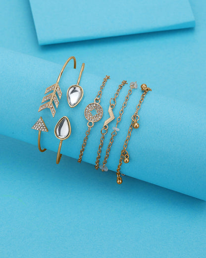 Set of 6 Rose Gold Plated CZ Studded Textured Trendy Adjustable &amp; Cuff Bracelet Multipack Set